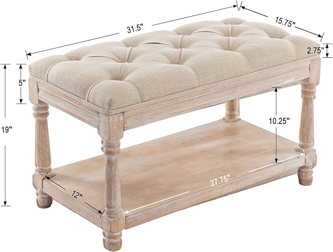 Farmhouse Storage Bench Wooden Entryway Linen Upholstered Ottoman Button Tufted