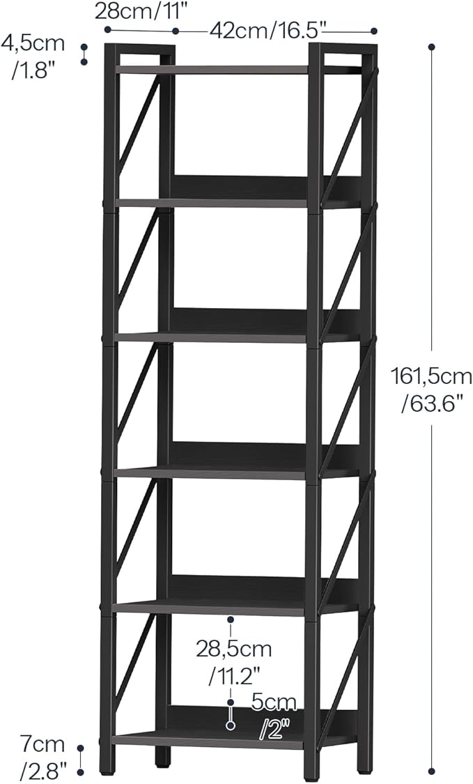 HOOBRO Bookshelf, 6-Tier Industrial Bookcase, Book Shelf Storage Organizer