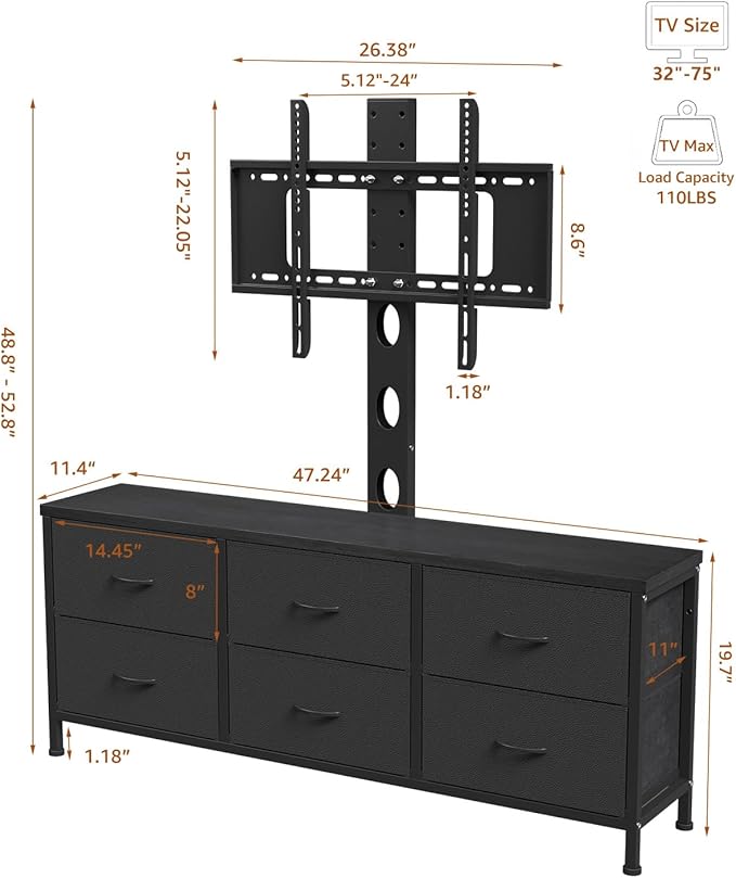 TV Stand with Mount, Fabric Dresser with 6 Drawers