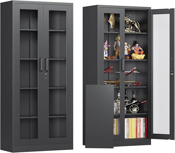 Locking Display Cabinet with Glass Door, 71”H Metal Curio Cabinets with