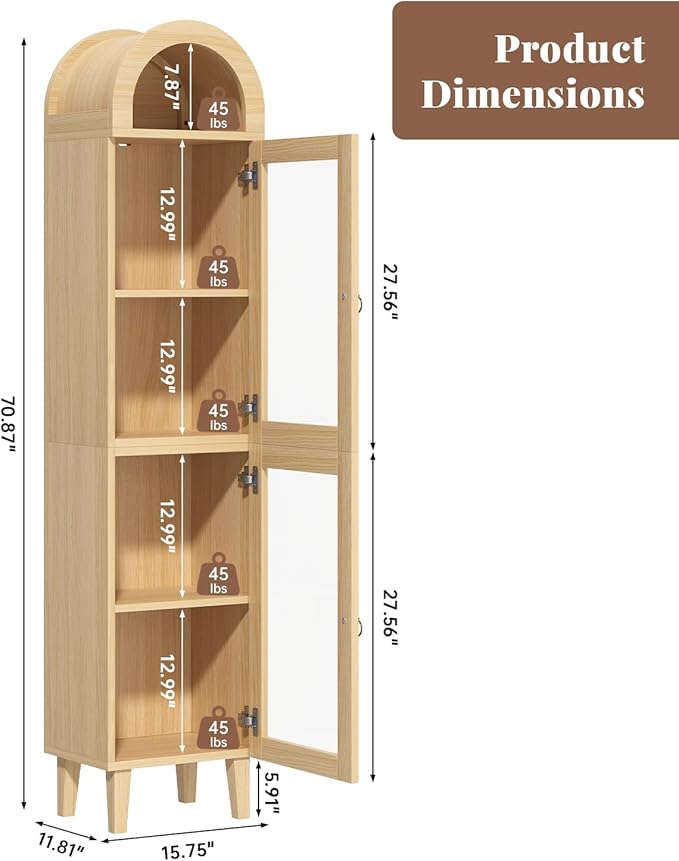 71" Tall Arched Cabinet with Acrylic Door, Modern Curio Arched Bookcase with