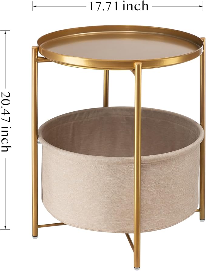 danpinera Gold Side Table with Fabric Storage Basket, Metal Round Side Small