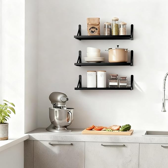 Fixwal Black Shelves for Wall, Wood Wall Mounted Floating Shelves for Bedroom