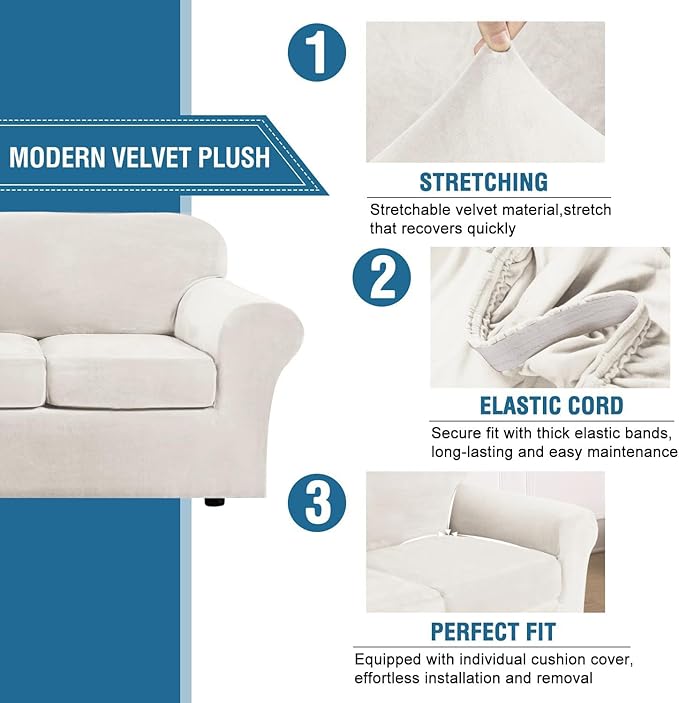 H.VERSAILTEX Modern Velvet Plush 4 Piece High Stretch Sofa Slipcover Furniture