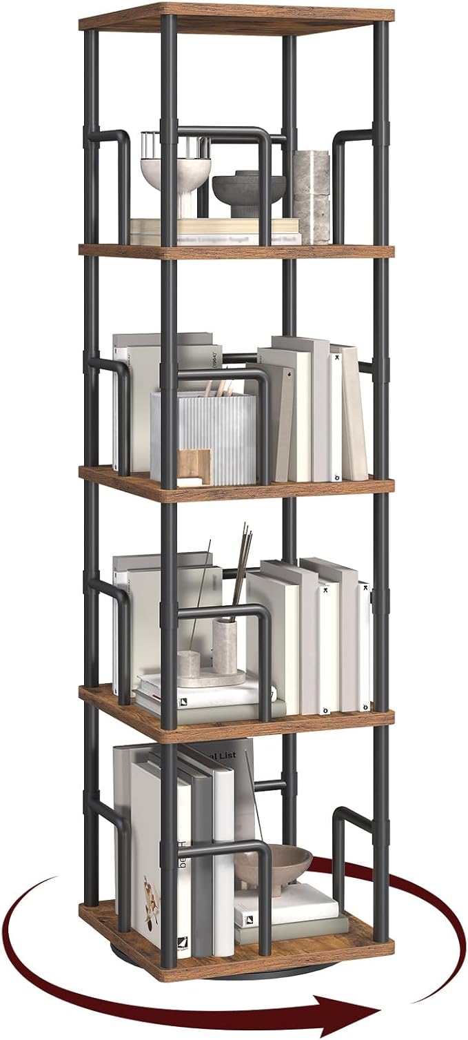 MAHANCRIS 4-Tier Rotating Bookshelf, Freestanding Corner Bookshelf, 360°