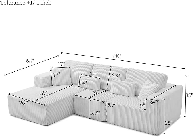 110” Modular Sectional Sofa, Cloud Sectional Couch