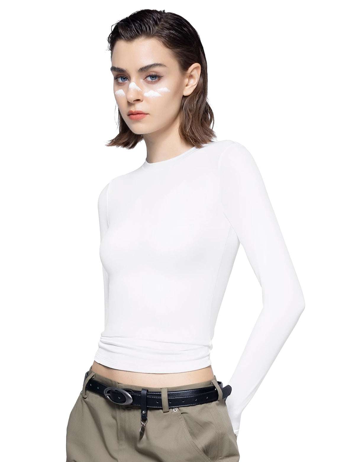 PUMIEY Long Sleeve Shirts for Women Crew Neck Slim Fit Fall Tops Sexy Basic Tee, Splashed White Medium