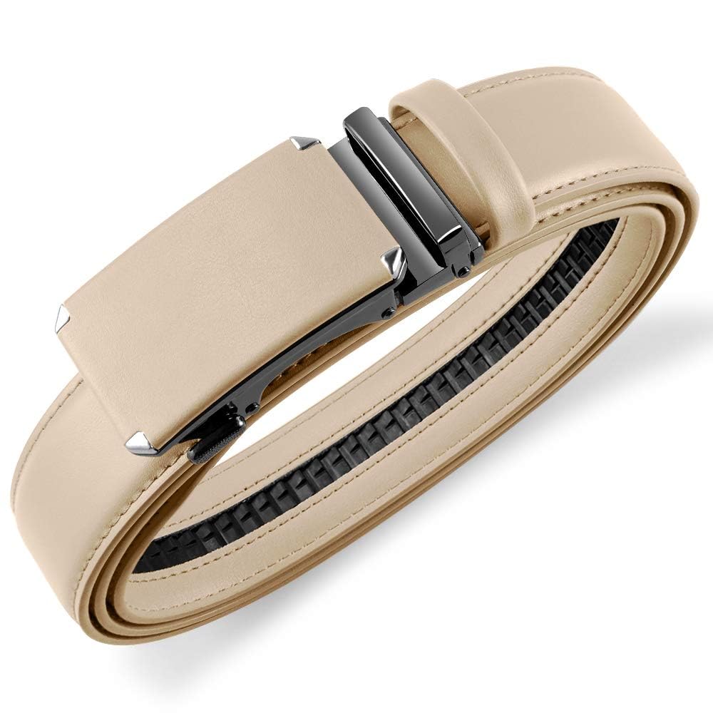 DOOPAI Men's Leather Ratchet Belts, Adjustable Belt in Beige with Sliding Length 28-36", Metal Buckle Men's Belt Cut to fit in the Gift Box