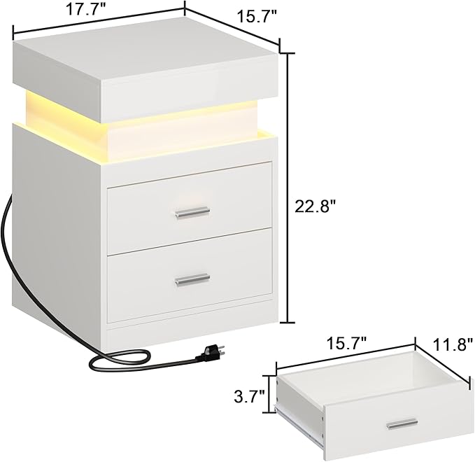 ChooChoo LED Nightstand Set of 2, Smart Night Standwith Charging Station and