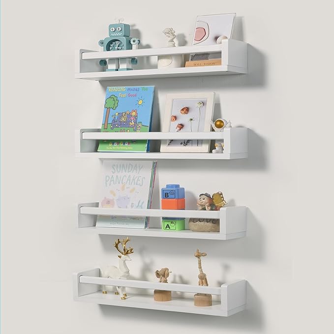 Nursery Room Shelves Set of 4, Wood Floating Book Shelves