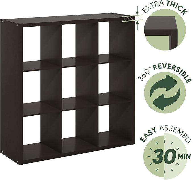 Furinno CUBICLE Book Shelf, 9-Cube Bookshelf, Extra Thick Frame Reversible