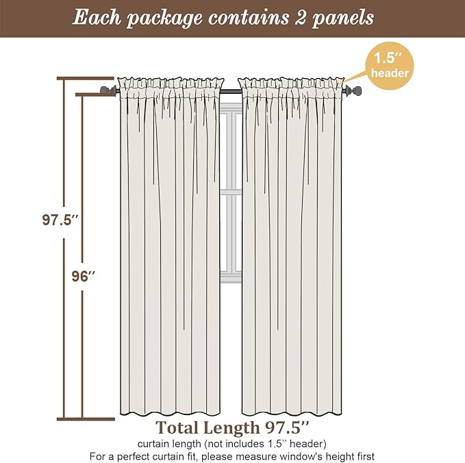 Chyhomenyc Semi Sheer Curtains 96 Inches Long 2 Panels