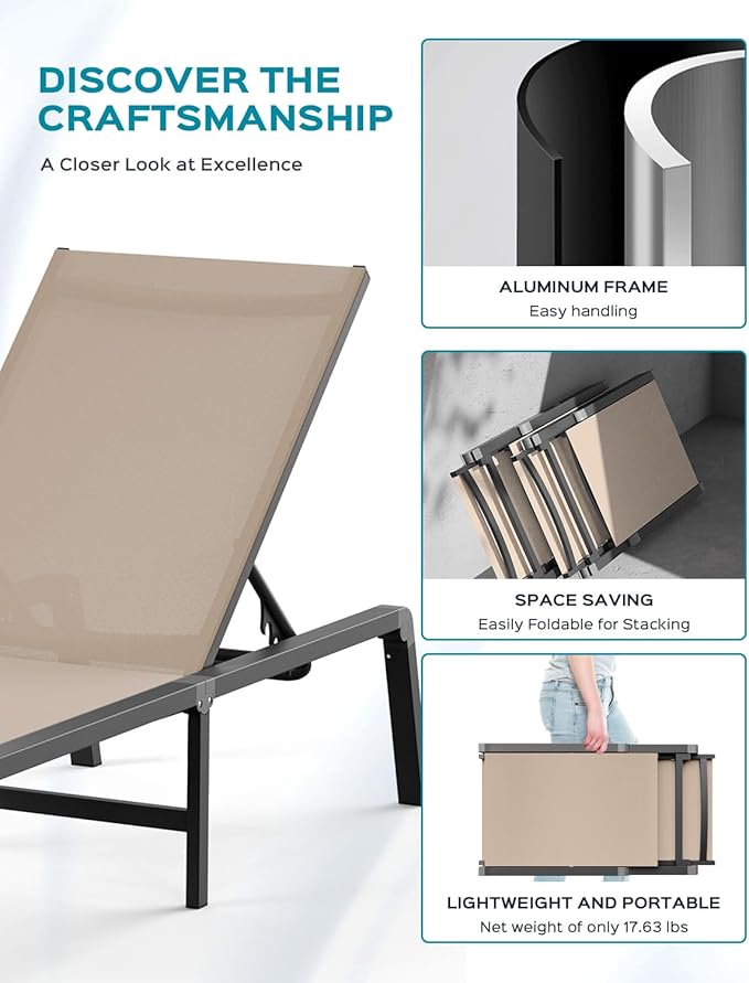 Patio Chaise Lounge Chair Set of 4, Foldable Lounge Chair