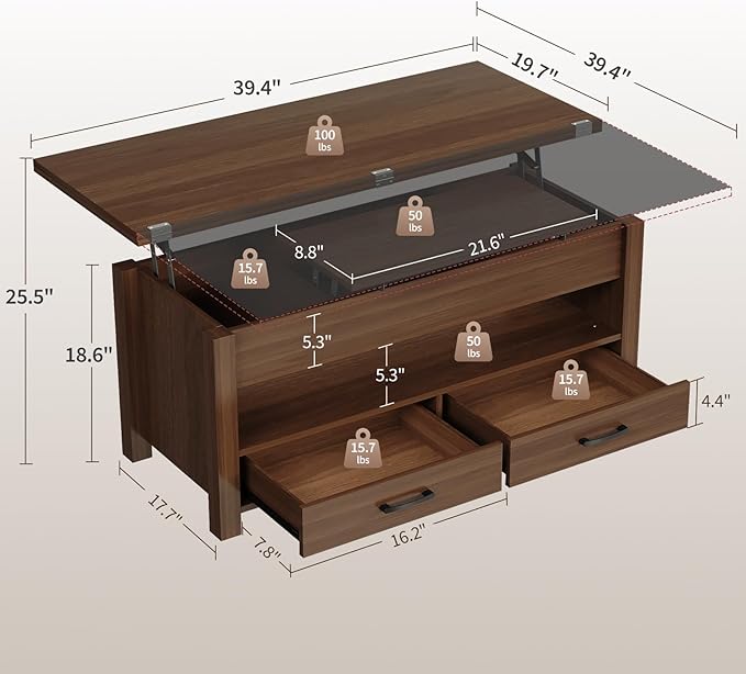 Garvee 40" Coffee Table Lift Top, Converts to Dining Table