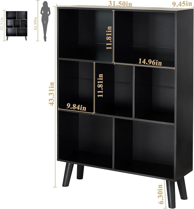 YAHARBO Black Bookshelf, 3 Tier Modern Bookcase