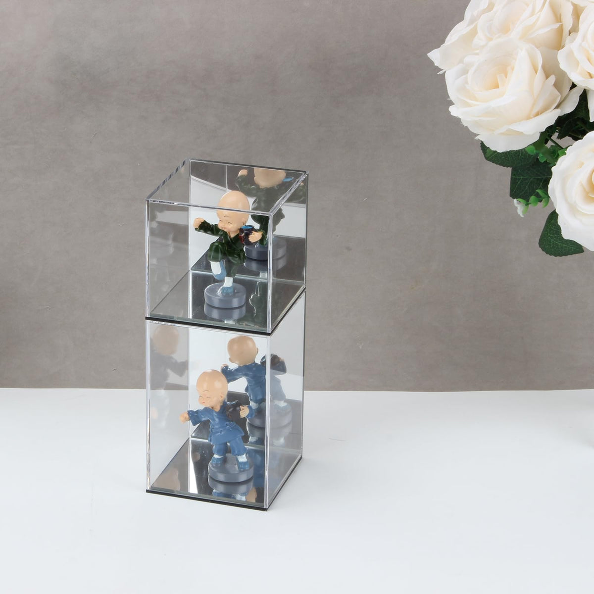 Kcgani Mirrored Clear Acrylic Box for Collectibles Display, Assemble Display Case with Mirror Background, Alternative Storage Showcase for Collectibles Crystals Minerals Slab Fossil Coral, 4x4x4Inch