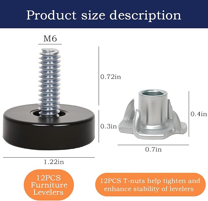 12 PCS M6 Thread Furniture Feet Levelers, Adjustable Furniture feet, Leveling