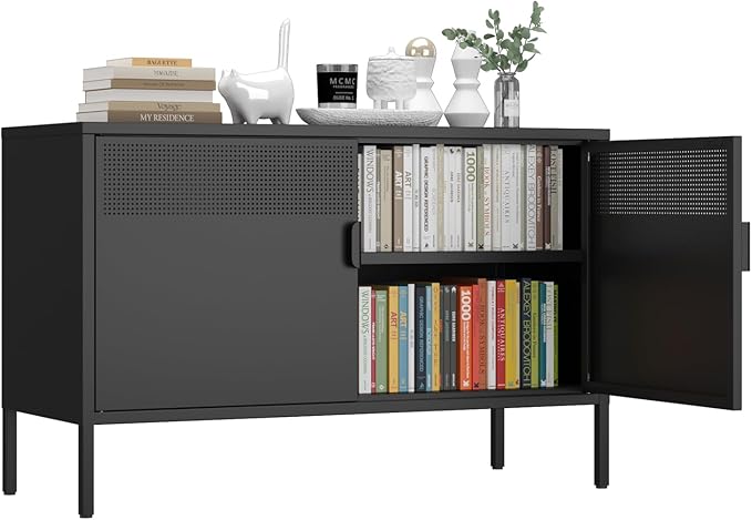 Metal Storage Cabinet, 2 Door TV Stand, Metal Mesh Accent Cabinet, Magnetic