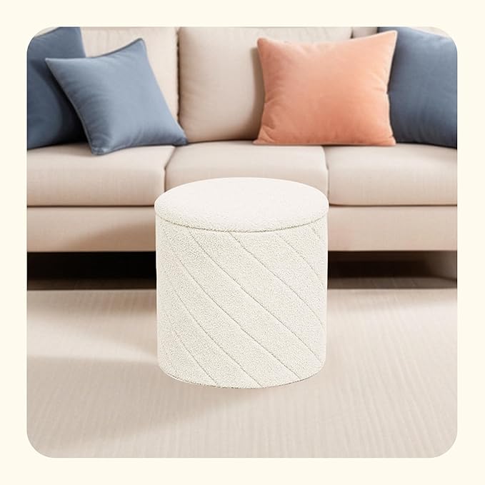 PINPLUS Ottoman with Stroage Round Boucle Ottoman and Tray Sherpa Removable