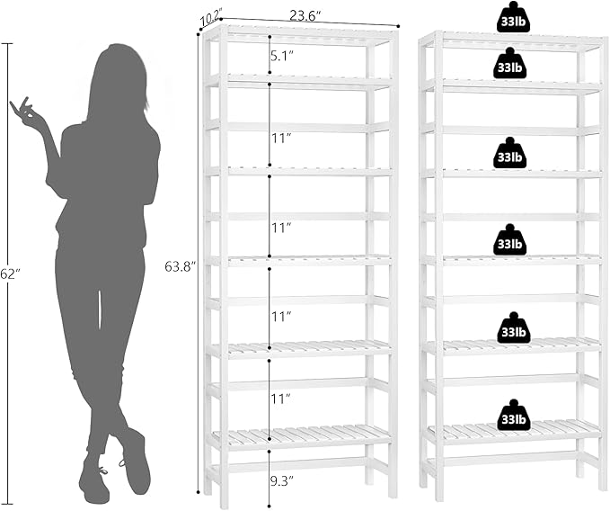 Homykic 6-Tier Bamboo Bookshelves and Bookcases, Adjustable 63.4”Tall Shallow
