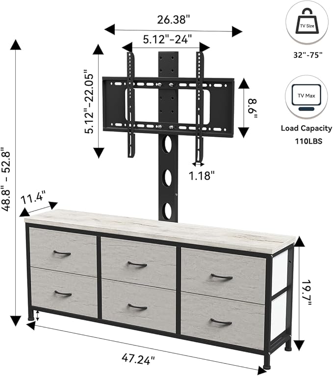 TV Stand with Mount, Fabric Dresser with 6 Drawers