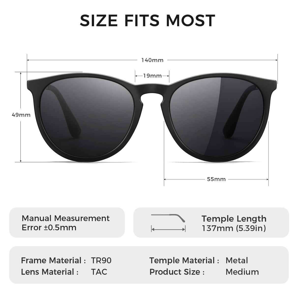 SUNGAIT Vintage Round Sunglasses for Women Men Classic Retro Designer Style (Black Frame(Matte Finish)/Polarized Grey Lens) 1567 PGHKH