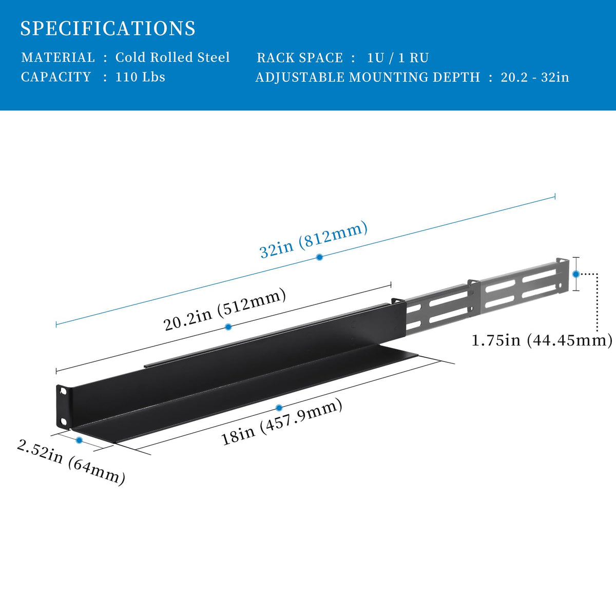 RackPath 1U 4-Post Server Rack Rail, 20.2-32 Inch Adjustable Depth - 110lbs Capacity