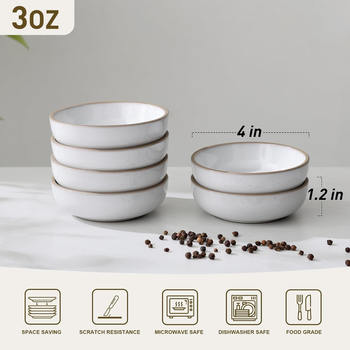 famiware Nature Ceramic Soy Sauce Dish, Dipping Bowls Set of 6, 3 oz Dipping Sauce Bowls/Dishes/Cups/Plates, Small Serving Bowls for Side Dishes, Condiments, Sushi, Appetizer, Dessert, Snowy White