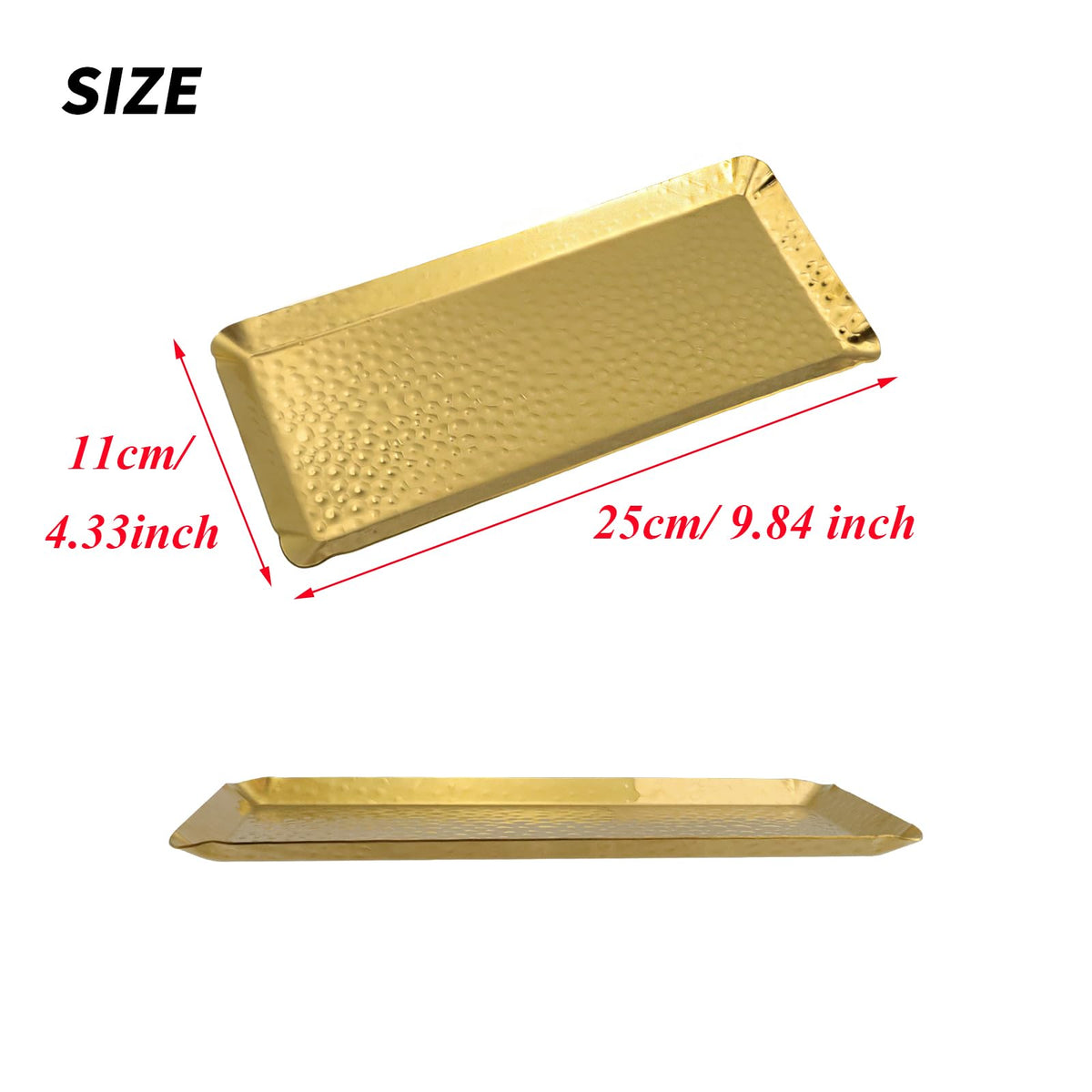 Antrader Hammered Rectangular Platter Serving Tray,Stainless Steel Decorative Storage Tray, Gold (10-Inch by 4-Inch)