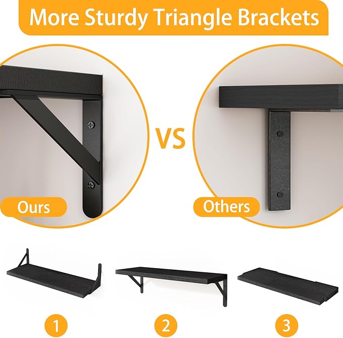 Fixwal Black Shelves for Wall, Wood Wall Mounted Floating Shelves for Bedroom