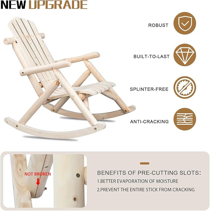 Outvita Wooden Rocking Chair Set of 2, Fir Log Adirondack Rocker, Outdoor Wood