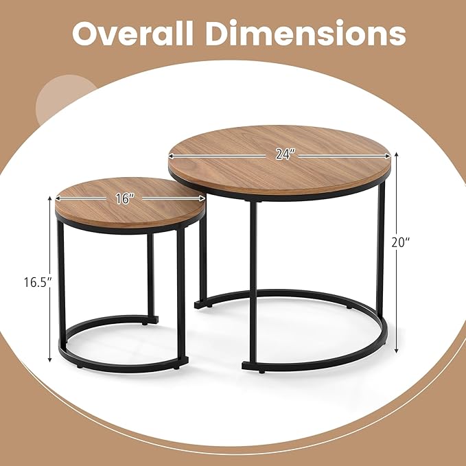 Giantex Nesting Coffee Table Set of 2, Round Stacking Side Tables w/Wooden