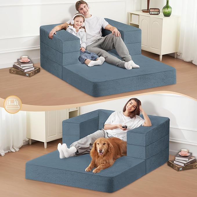 Folding Bean Bag Chair for Adults, 3-in-1 Bean Bag Couch Faux Fur Floor Sofa