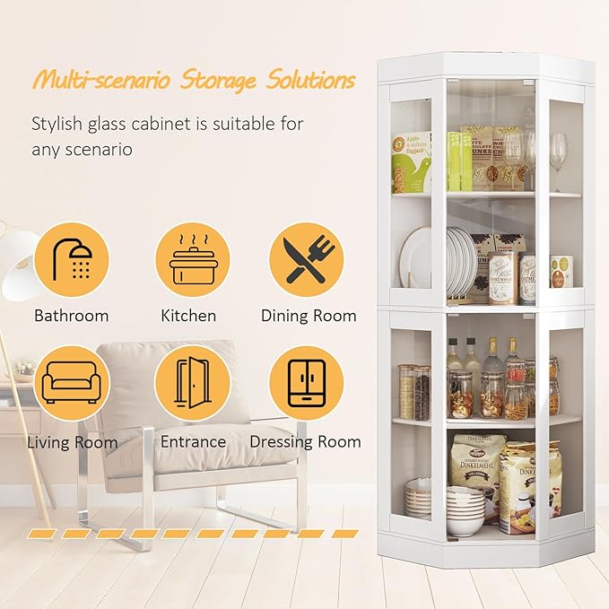 70''H Tall Corner Cabinet with Glass Doors, Farmhouse Storage Cabinet with 4