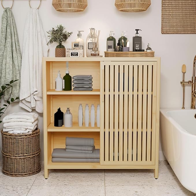 Bamboo Bathroom Cabinet, Side Storage Organizer Cabinet