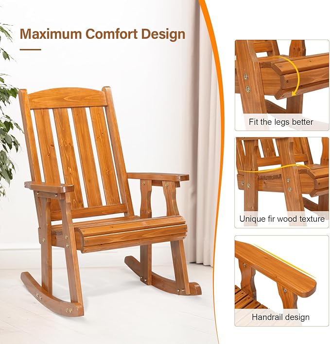 VINGLI Outdoor Rocking Chair, Heavy Duty 600 LBS Wooden Rocking Bench