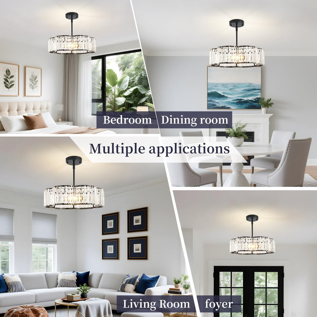 etiruety Modern Black Crystal Semi Flush Mount Ceiling Light Fixtures 16 in