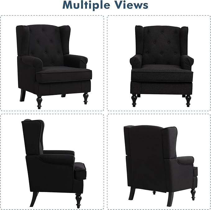 Accent Chair Set of 2, Mid Century Modern Fabric Wingback Chair, Upholstered