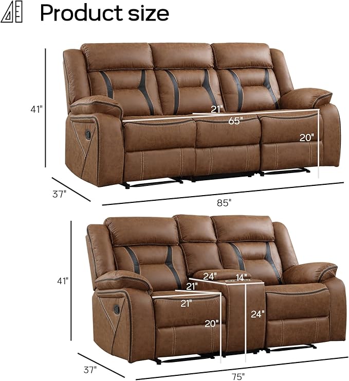 EBELLO Manual Recliner Sofa Set, Faux Leather Reclining Living Room Furniture
