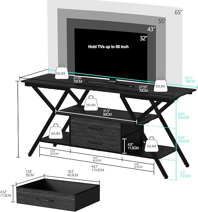 Simoretus TV Stand with Power Outlet and LED Lights, Fits TVs up to 65”