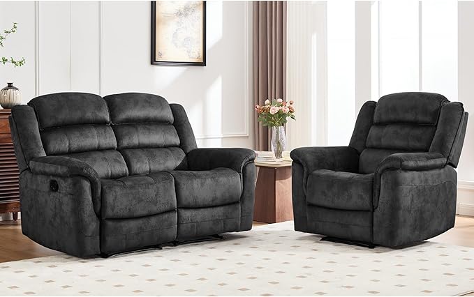EBELLO 2 Pieces Reclining Loveseat Couch Furniture Set, Soft Fabric Manual