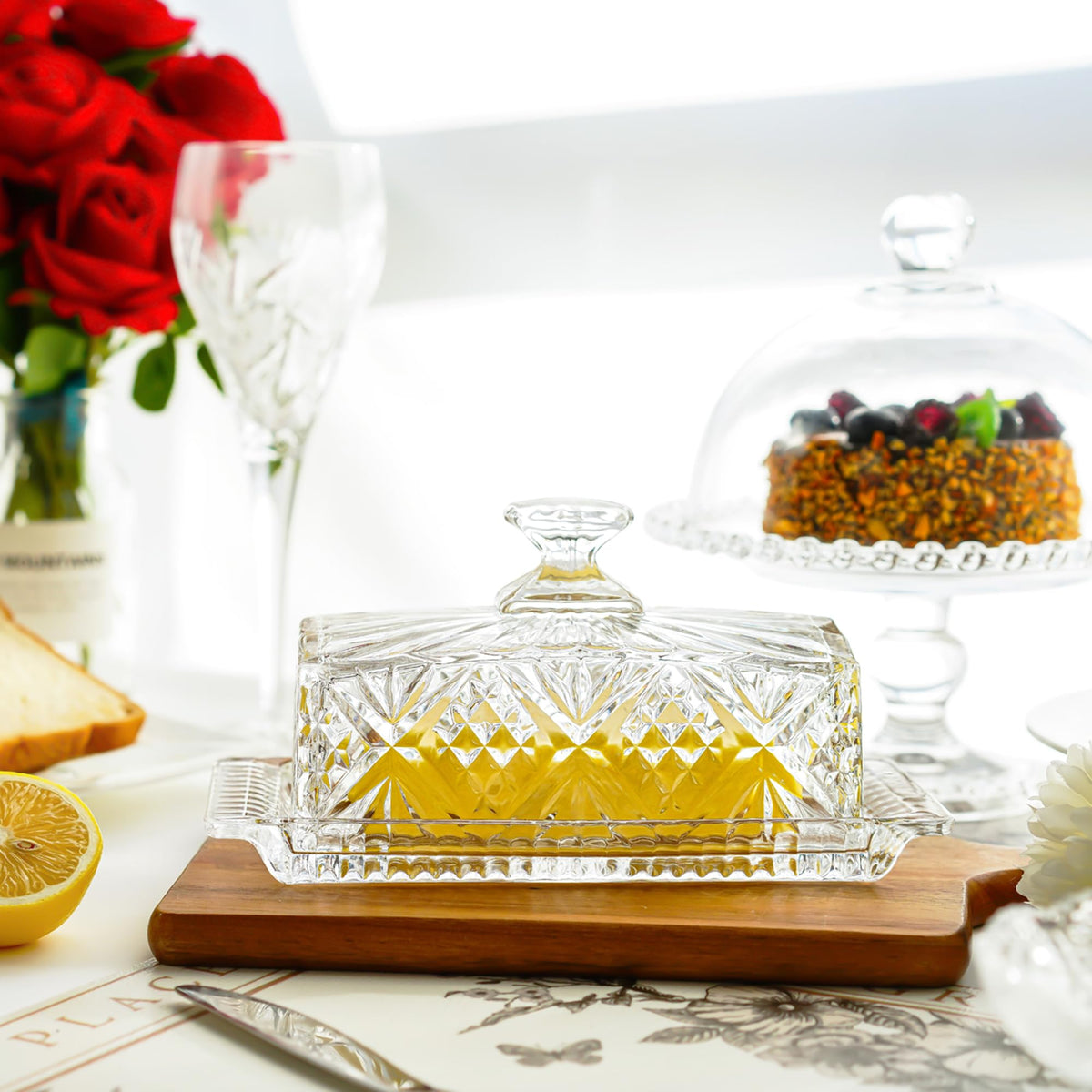 Crystal Covered Butter Dish,8inch Classic Glass 2-Piece Design Butter Keeper with Lid | Butter Holder | Dishwasher Safe