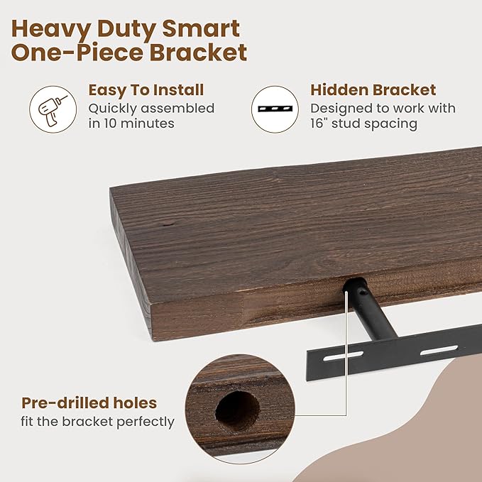 FLYJOE Floating Shelves for Wall Decor, Rustic Solid Elm Wood Live Edge