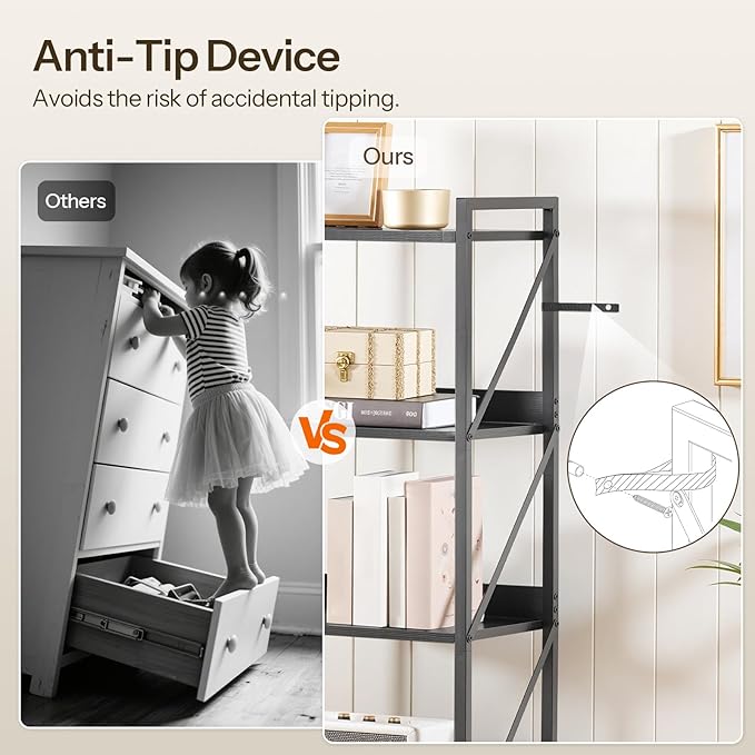 HOOBRO Bookshelf, 5-Tier Industrial Bookcase, Book Shelf Storage Organizer