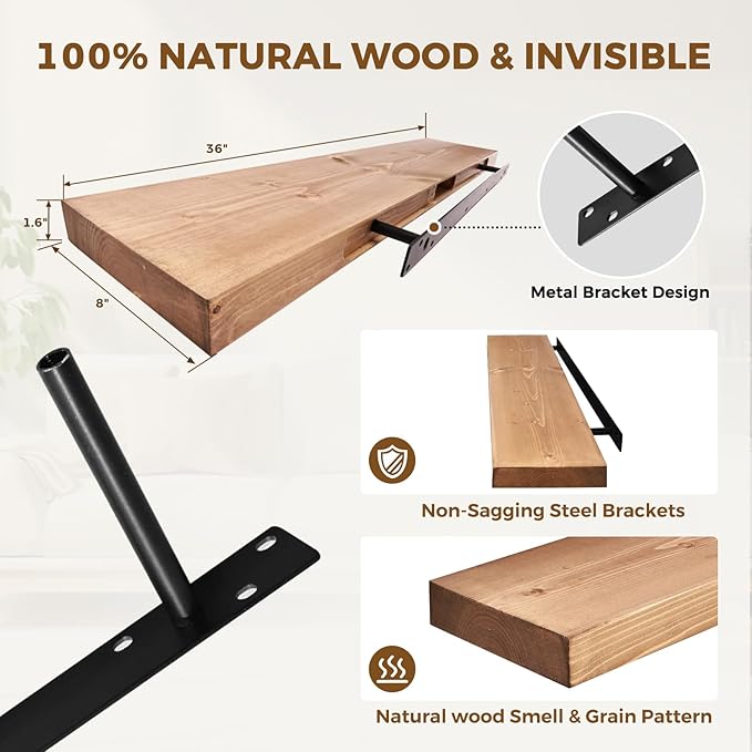 36x8x1.6 inch Floating Shelves Set of 2 – Solid Wood Rustic Oak Wall Mounted