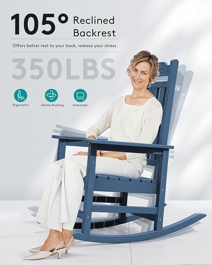 SERWALL Blue Outdoor Rocking Chair Set of 2, All Weather Patio Rocking Chair