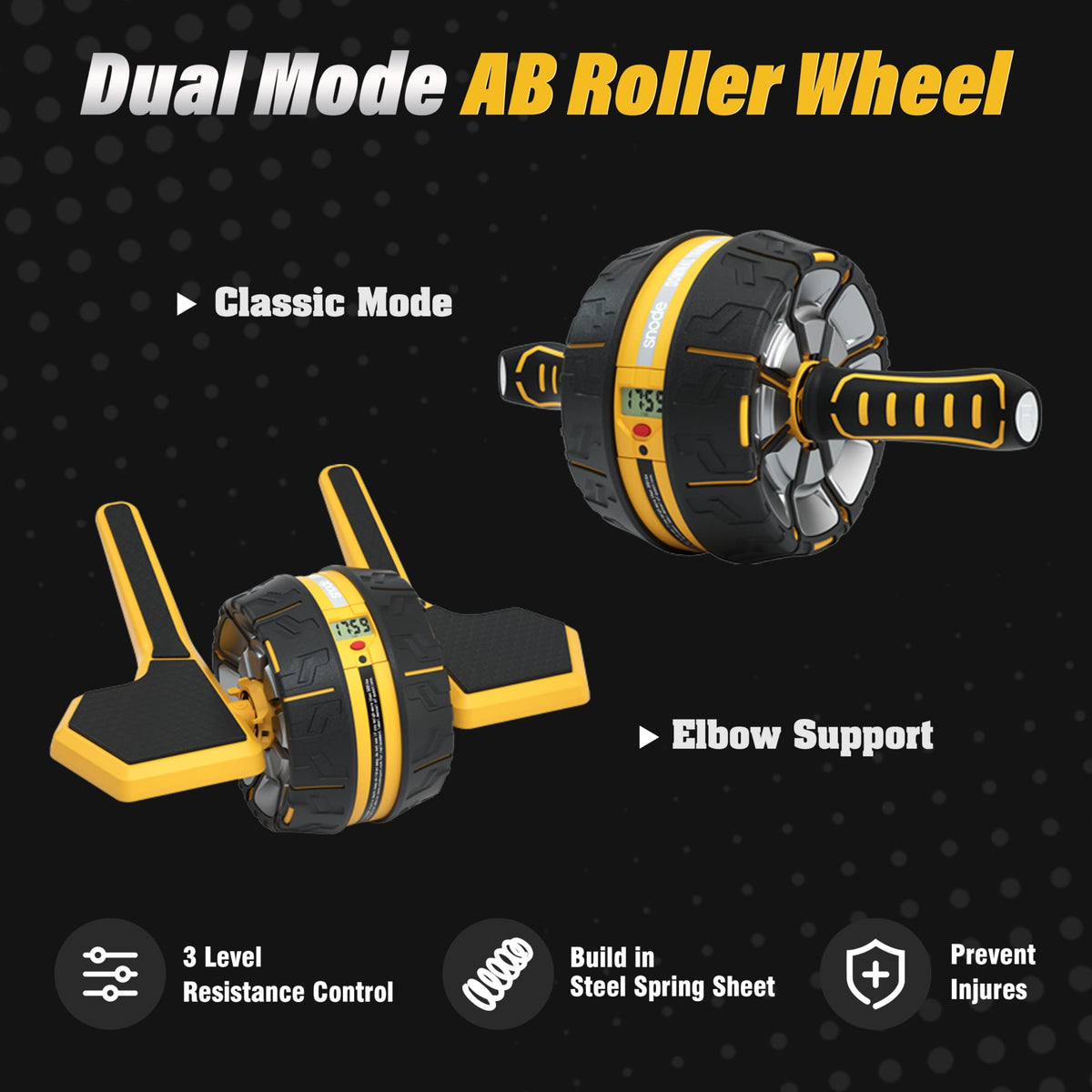 SNODE Ab Roller Wheel with Elbow Support, 3 Levels Resist, Dual Mode, Ab Wheel for Core Workout, Automatic Rebound Sytem,Spring Steel Sheet
