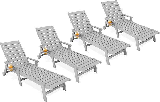 KINGYES HDPE Lounge Chair Outdoor Set of 4, Patio Chaise Lounge Recliner