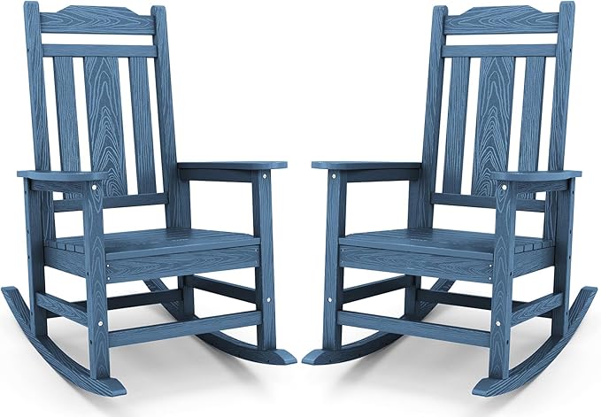 SERWALL Blue Outdoor Rocking Chair Set of 2, All Weather Patio Rocking Chair