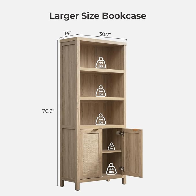 SICOTAS Bookcase 71" Tall Bookshelf 5 Tier Rattan Boho Bookcase